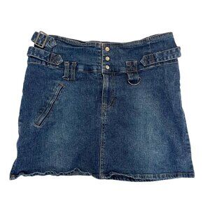 Vintage Lips Y2K Medium Wash Denim Buckle Mini Jean Skirt Bratz - Size 14